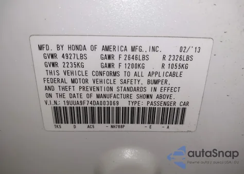 2013 Acura Tl 3.7 from USA, damaged, VIN 19UUA9F74DA003069